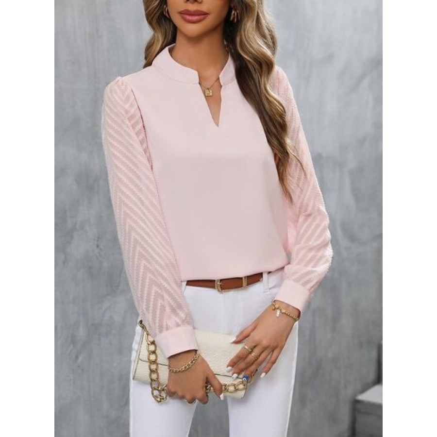 Notched Long Sleeve Blouse Apparel and Accessories