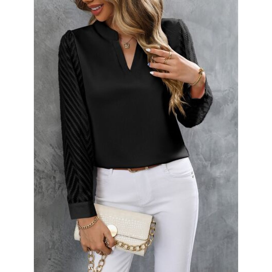 Notched Long Sleeve Blouse Apparel and Accessories