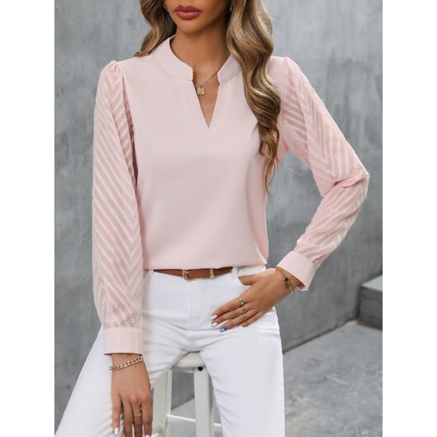 Notched Long Sleeve Blouse Apparel and Accessories