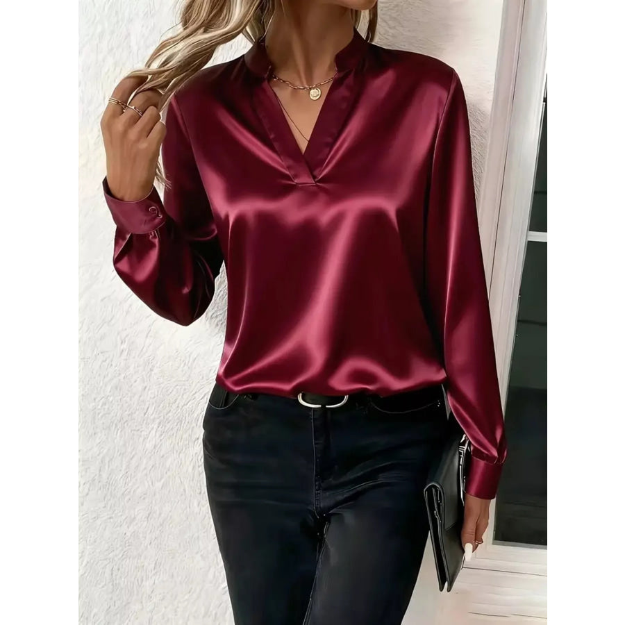 Notched Long Sleeve Blouse Apparel and Accessories
