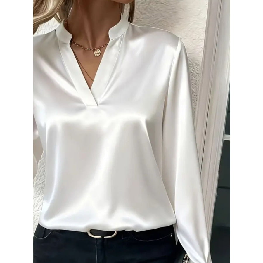 Notched Long Sleeve Blouse Apparel and Accessories