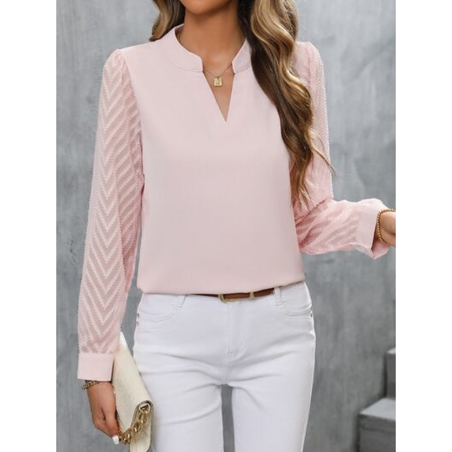 Notched Long Sleeve Blouse Apparel and Accessories