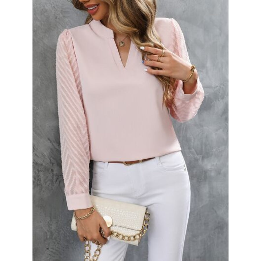 Notched Long Sleeve Blouse Apparel and Accessories