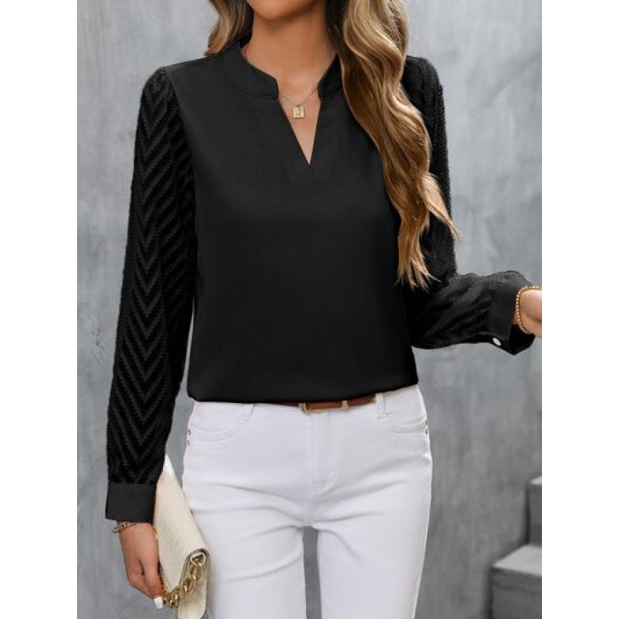 Notched Long Sleeve Blouse Apparel and Accessories