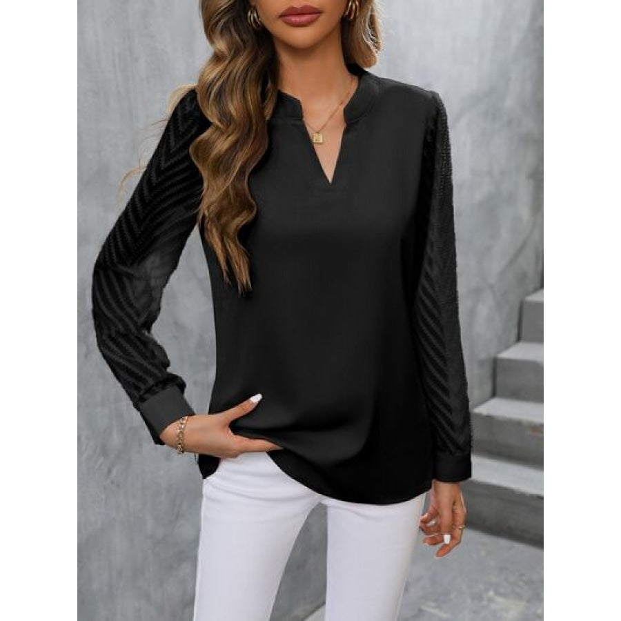 Notched Long Sleeve Blouse Apparel and Accessories