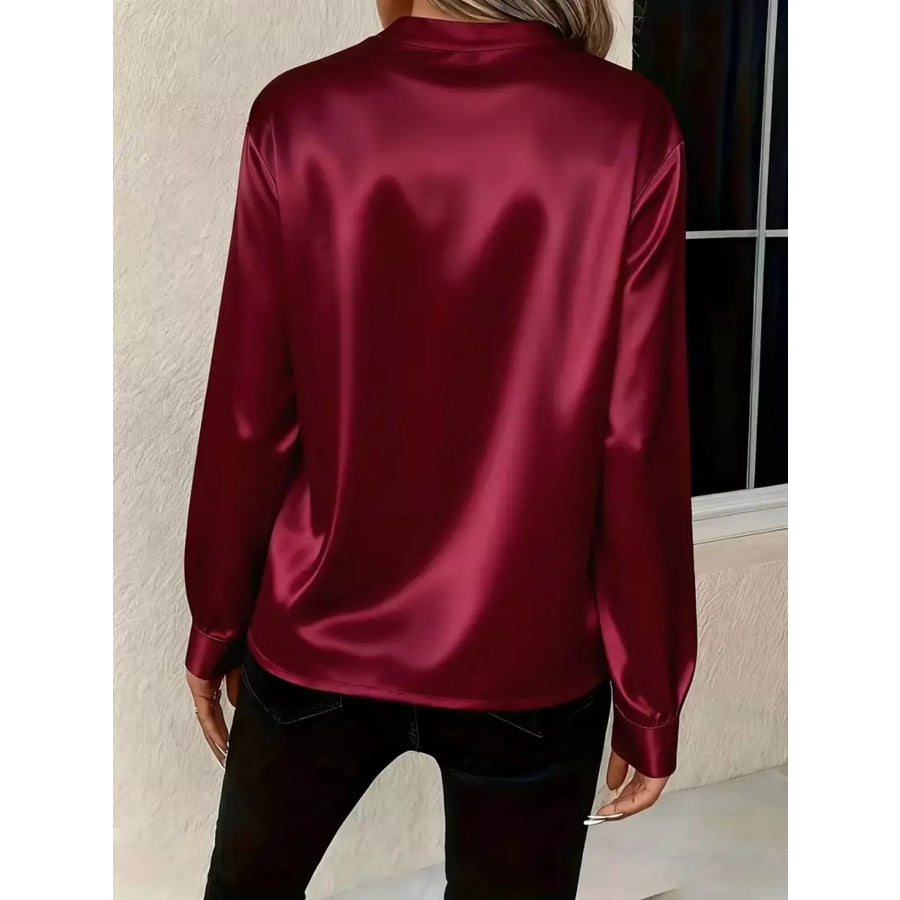 Notched Long Sleeve Blouse Apparel and Accessories
