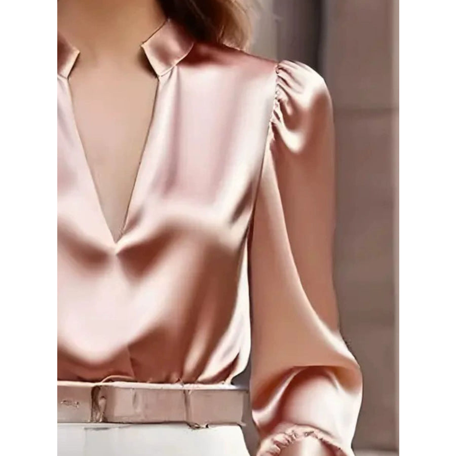 Notched Long Sleeve Blouse Apparel and Accessories