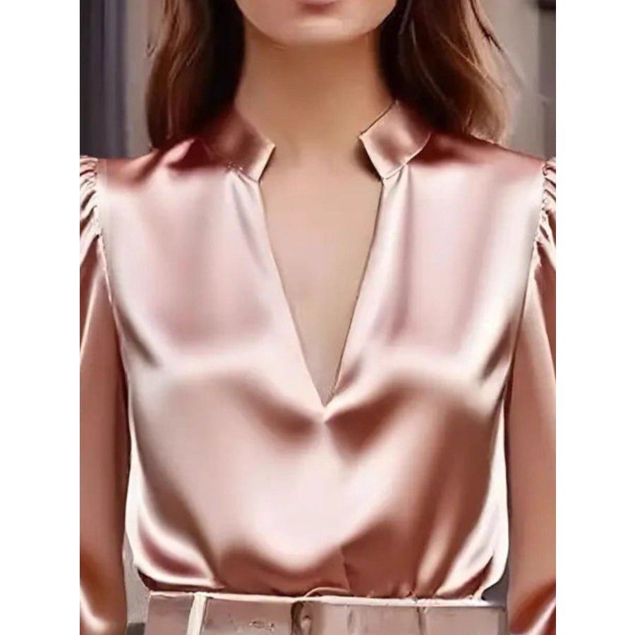 Notched Long Sleeve Blouse Apparel and Accessories