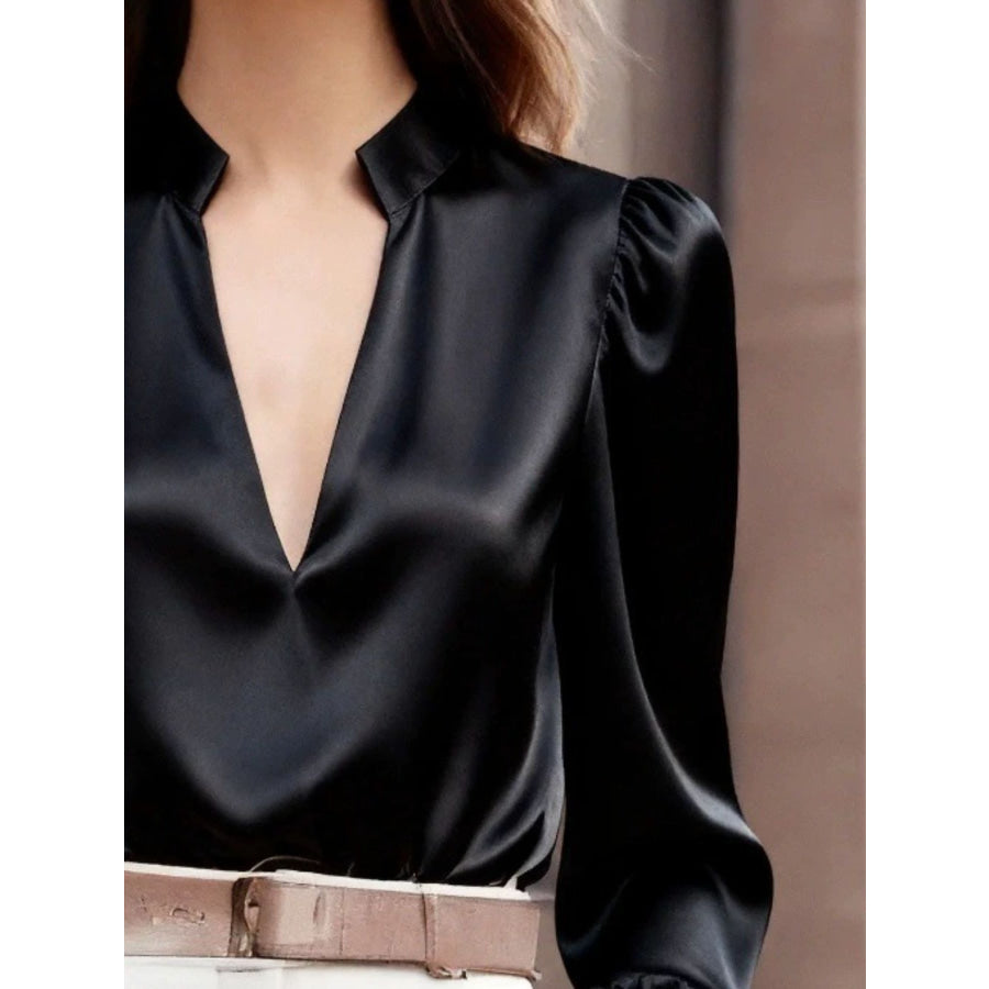 Notched Long Sleeve Blouse Apparel and Accessories