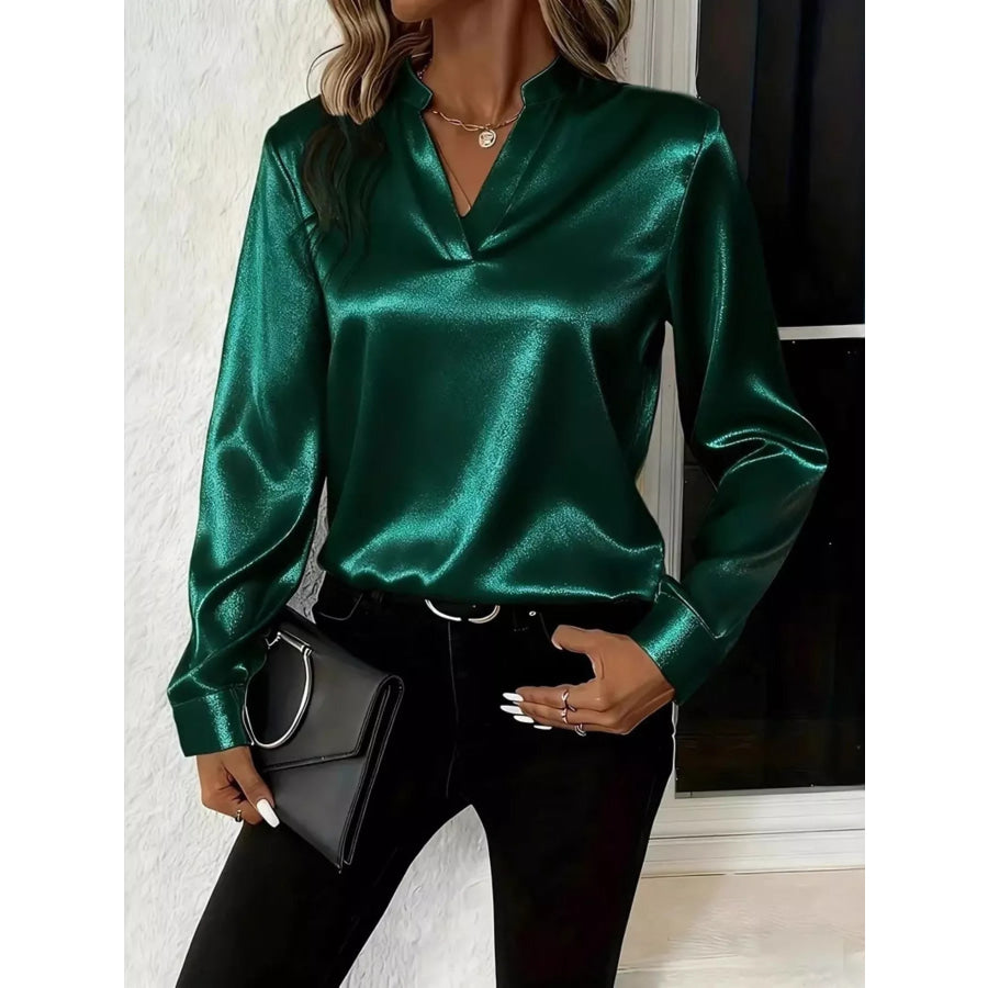 Notched Long Sleeve Blouse Apparel and Accessories