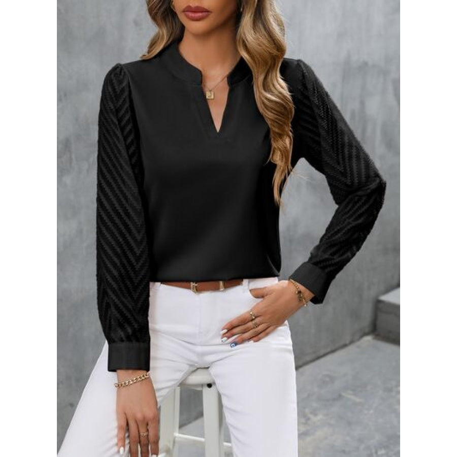 Notched Long Sleeve Blouse Black / S Apparel and Accessories