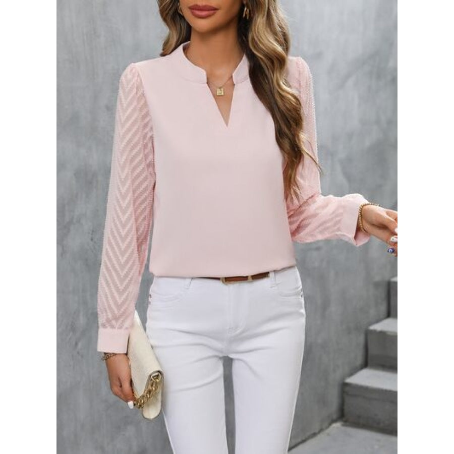 Notched Long Sleeve Blouse Blush Pink / S Apparel and Accessories