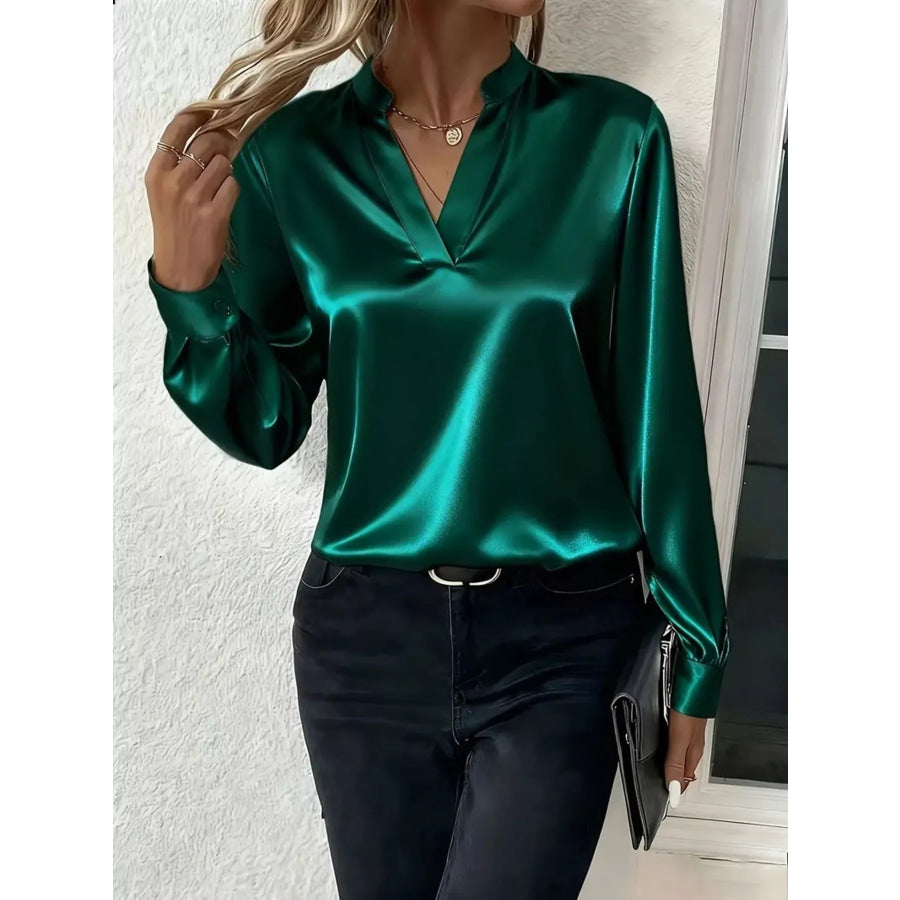 Notched Long Sleeve Blouse Green / S Apparel and Accessories