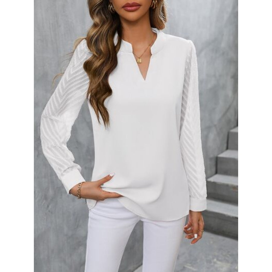 Notched Long Sleeve Blouse White / S Apparel and Accessories