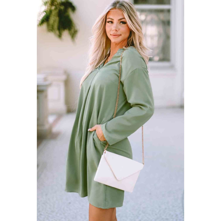 Notched Long Sleeve Dress with Pockets