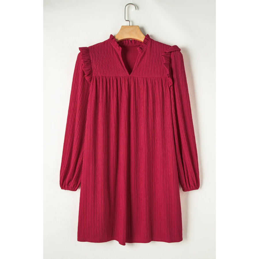 Notched Long Sleeve Mini Dress Deep Red / S Apparel and Accessories