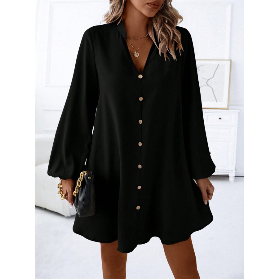 Notched Long Sleeve Mini Dress Black / S Apparel and Accessories