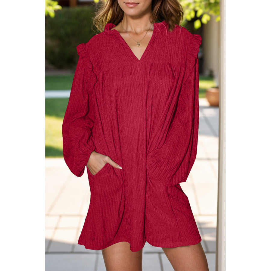 Notched Long Sleeve Mini Dress Deep Red / S Apparel and Accessories