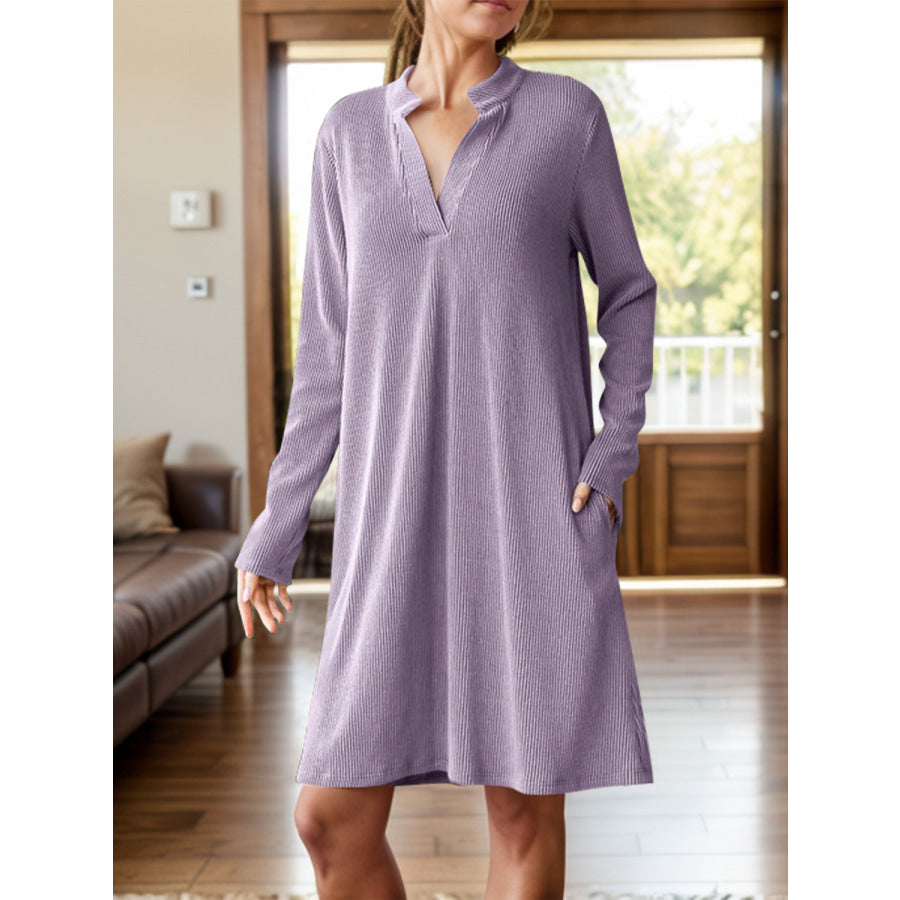 Notched Long Sleeve Mini Dress with Pockets Apparel and Accessories