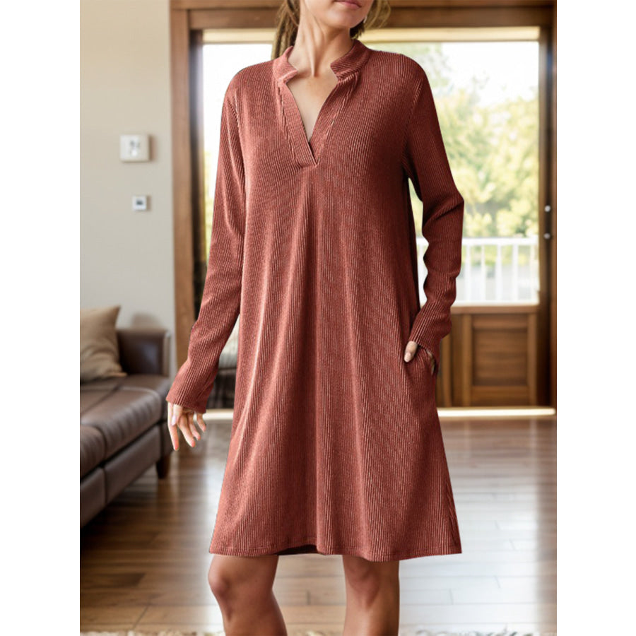 Notched Long Sleeve Mini Dress with Pockets Apparel and Accessories