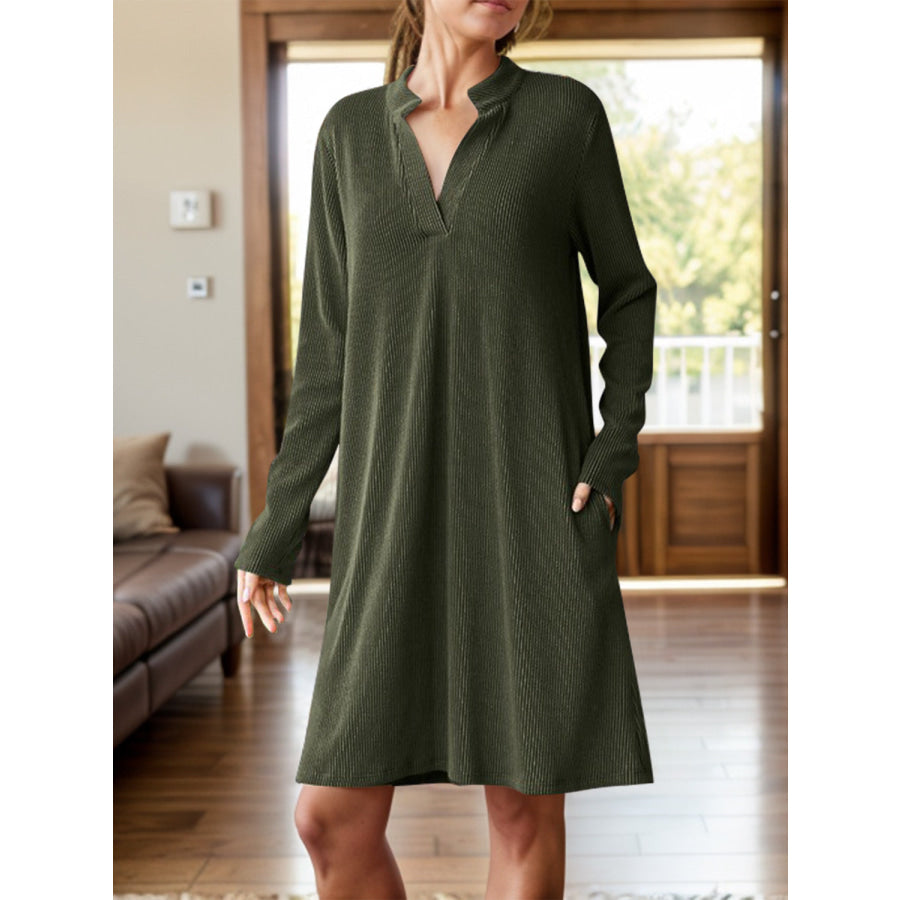 Notched Long Sleeve Mini Dress with Pockets Apparel and Accessories