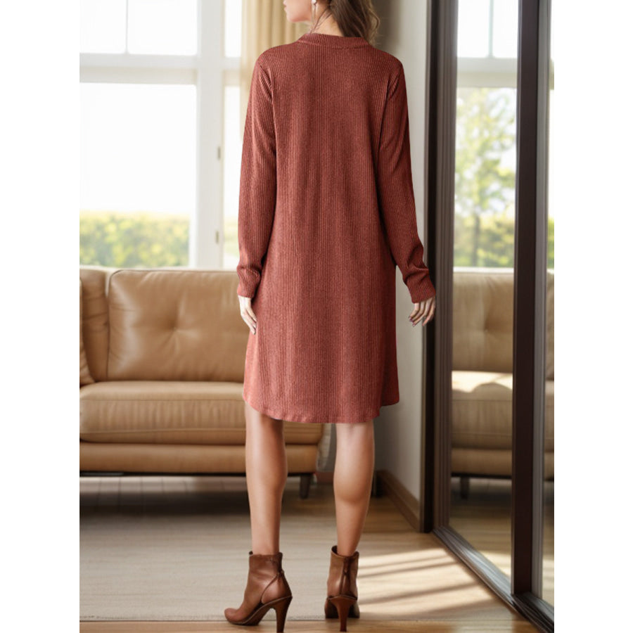 Notched Long Sleeve Mini Dress with Pockets Apparel and Accessories