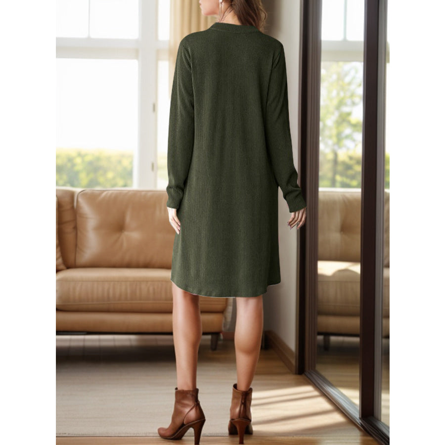 Notched Long Sleeve Mini Dress with Pockets Apparel and Accessories