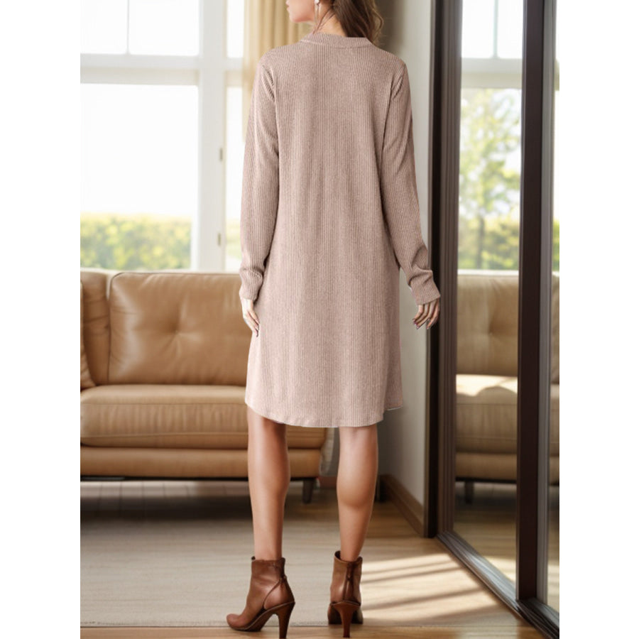 Notched Long Sleeve Mini Dress with Pockets Apparel and Accessories