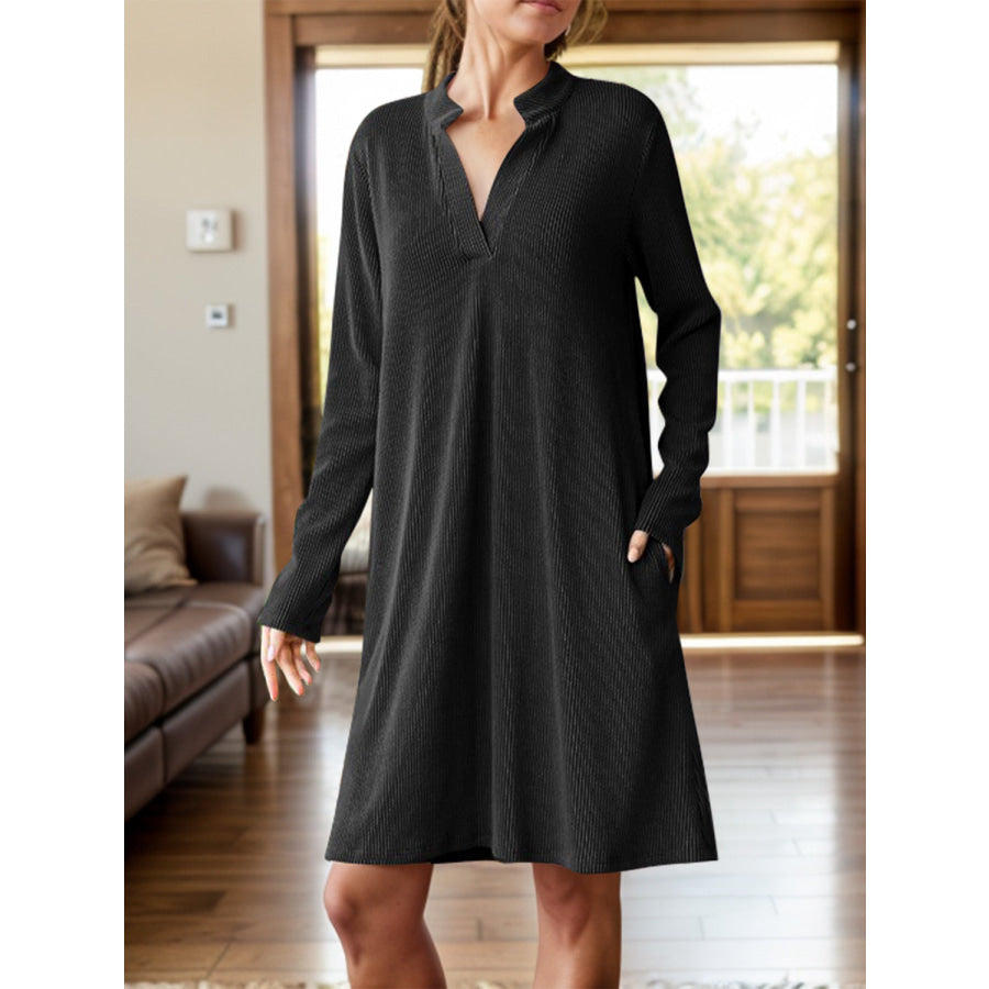 Notched Long Sleeve Mini Dress with Pockets Apparel and Accessories