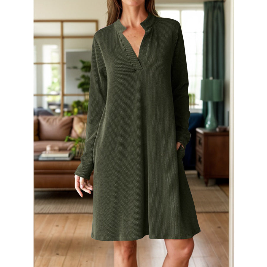 Notched Long Sleeve Mini Dress with Pockets Army Green / S Apparel and Accessories