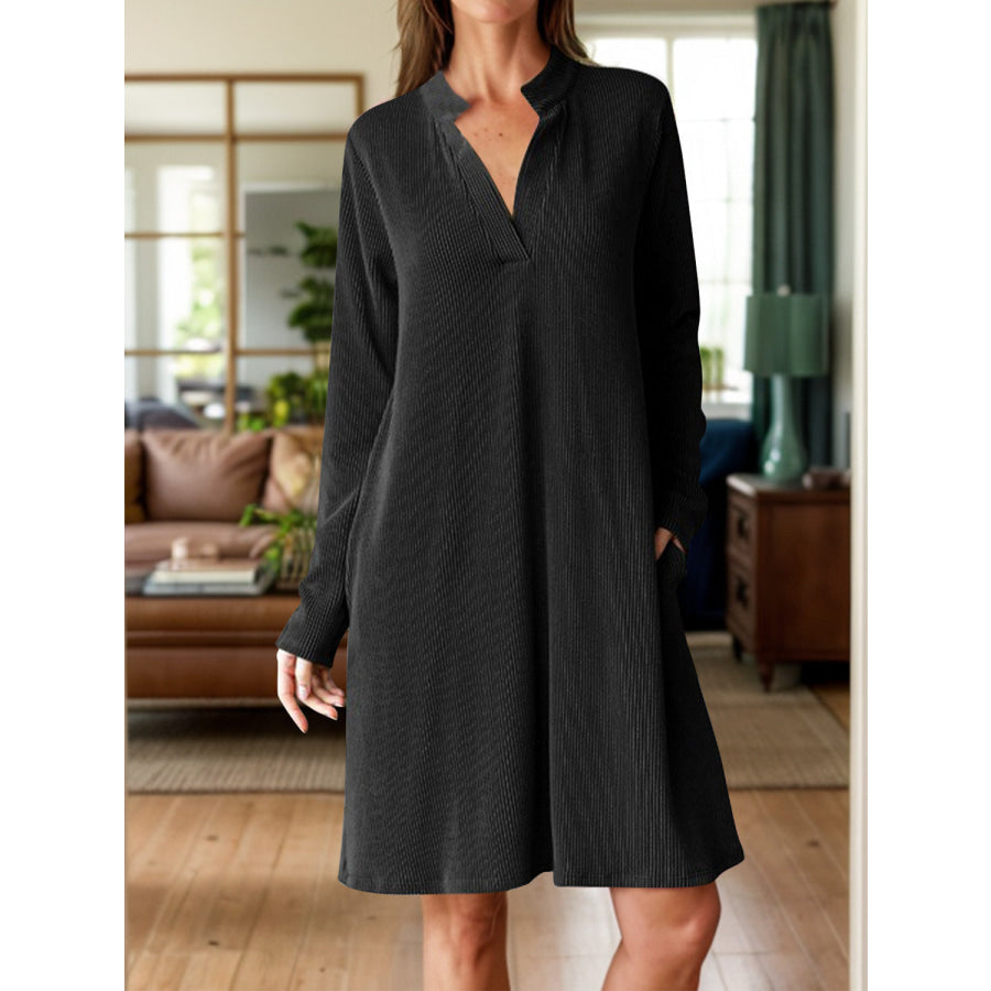 Notched Long Sleeve Mini Dress with Pockets Black / S Apparel and Accessories