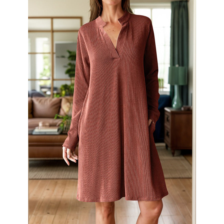 Notched Long Sleeve Mini Dress with Pockets Brown / S Apparel and Accessories