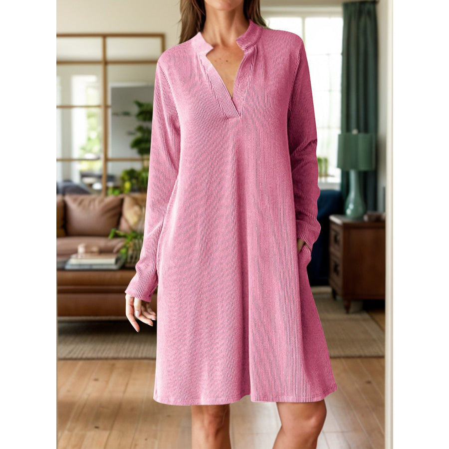 Notched Long Sleeve Mini Dress with Pockets Dusty Pink / S Apparel and Accessories