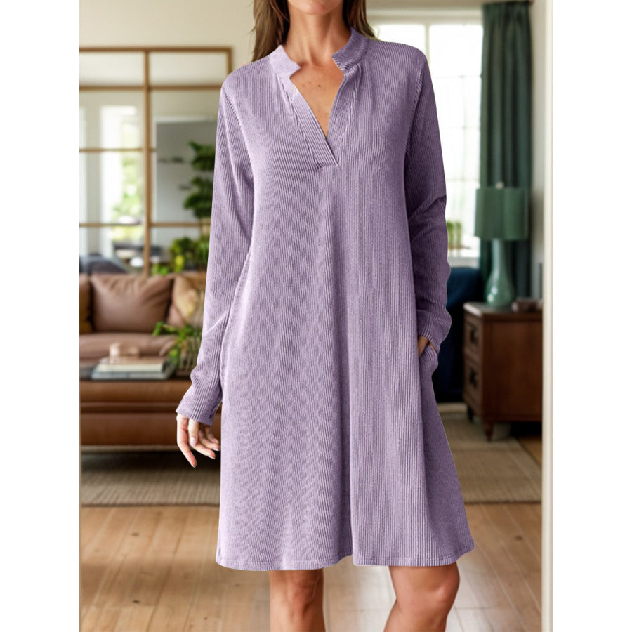 Notched Long Sleeve Mini Dress with Pockets Lilac / S Apparel and Accessories