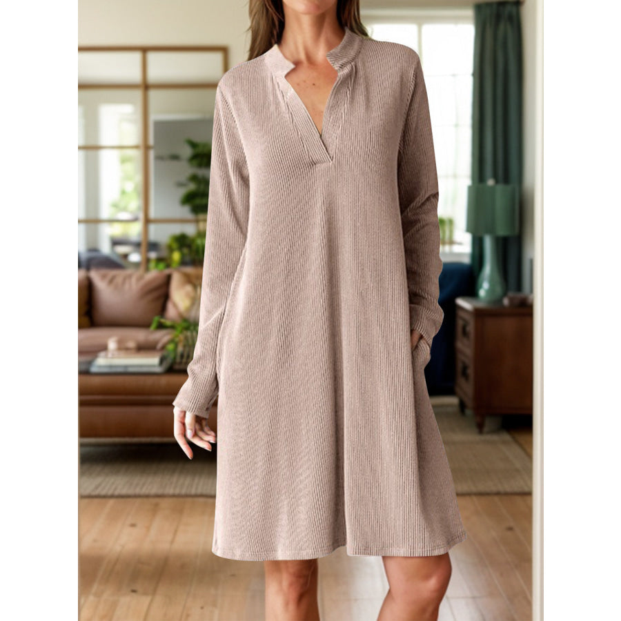 Notched Long Sleeve Mini Dress with Pockets Mocha / S Apparel and Accessories