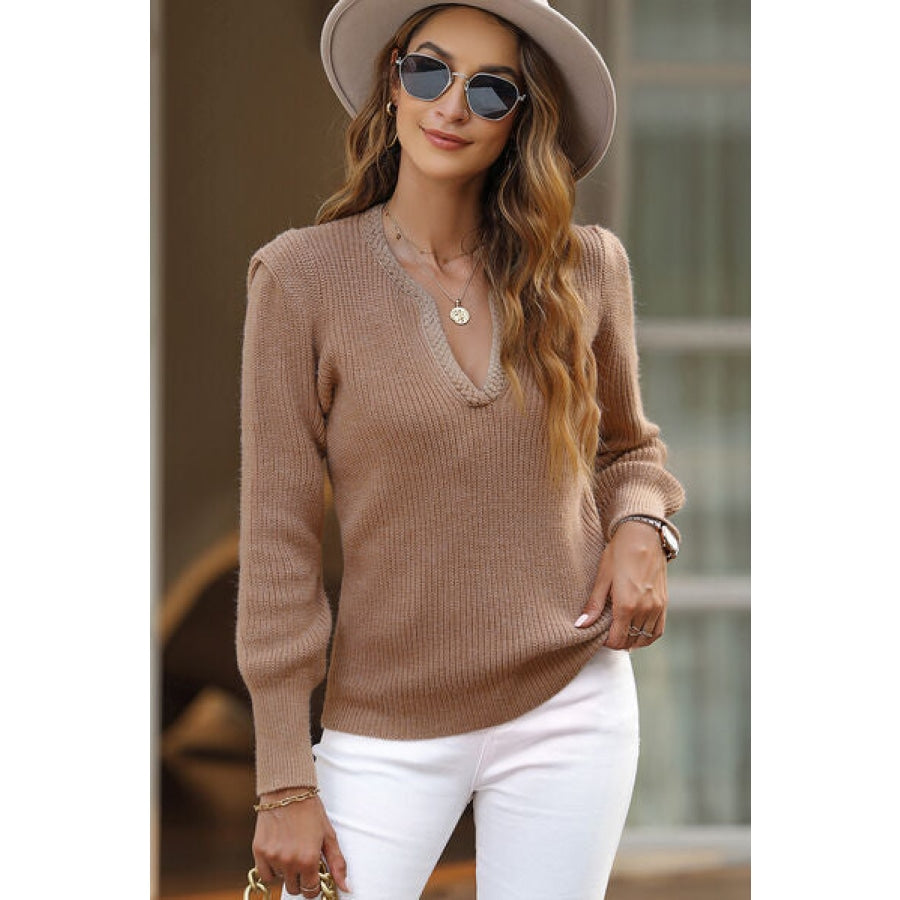 Notched Long Sleeve Sweater Camel / S Clothing