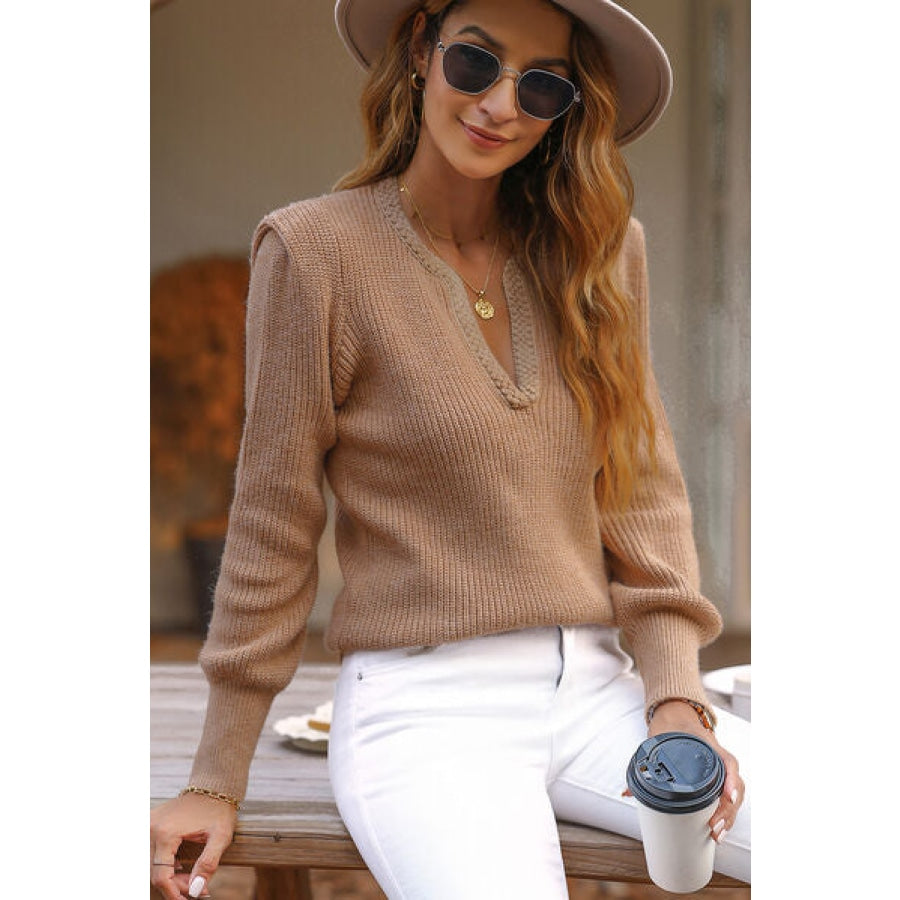 Notched Long Sleeve Sweater Clothing