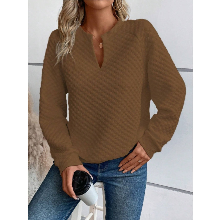 Notched Long Sleeve Sweatshirt Olive Brown / S Apparel and Accessories