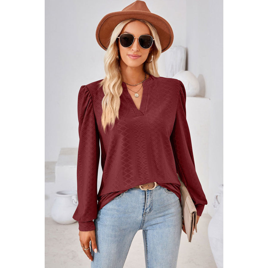 Notched Long Sleeve T-Shirt Brick Red / S Apparel and Accessories