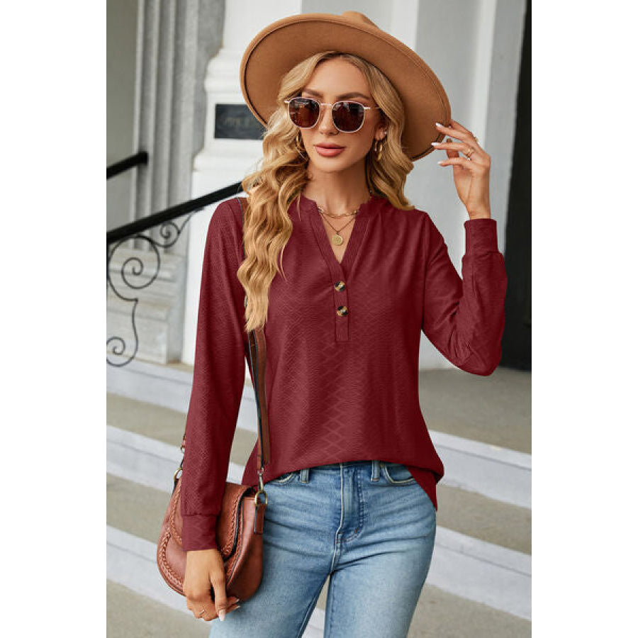 Notched Long Sleeve T - Shirt Brick Red / S Apparel and Accessories