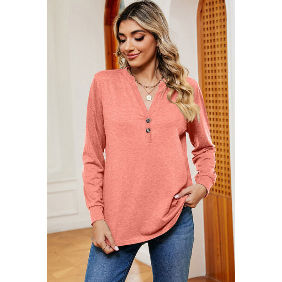 Notched Long Sleeve T - Shirt Burnt Coral / S Apparel and Accessories