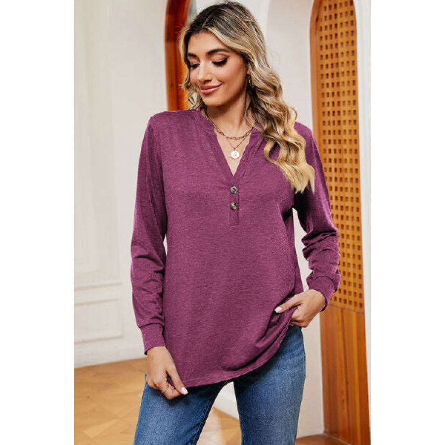 Notched Long Sleeve T - Shirt Cerise / S Apparel and Accessories