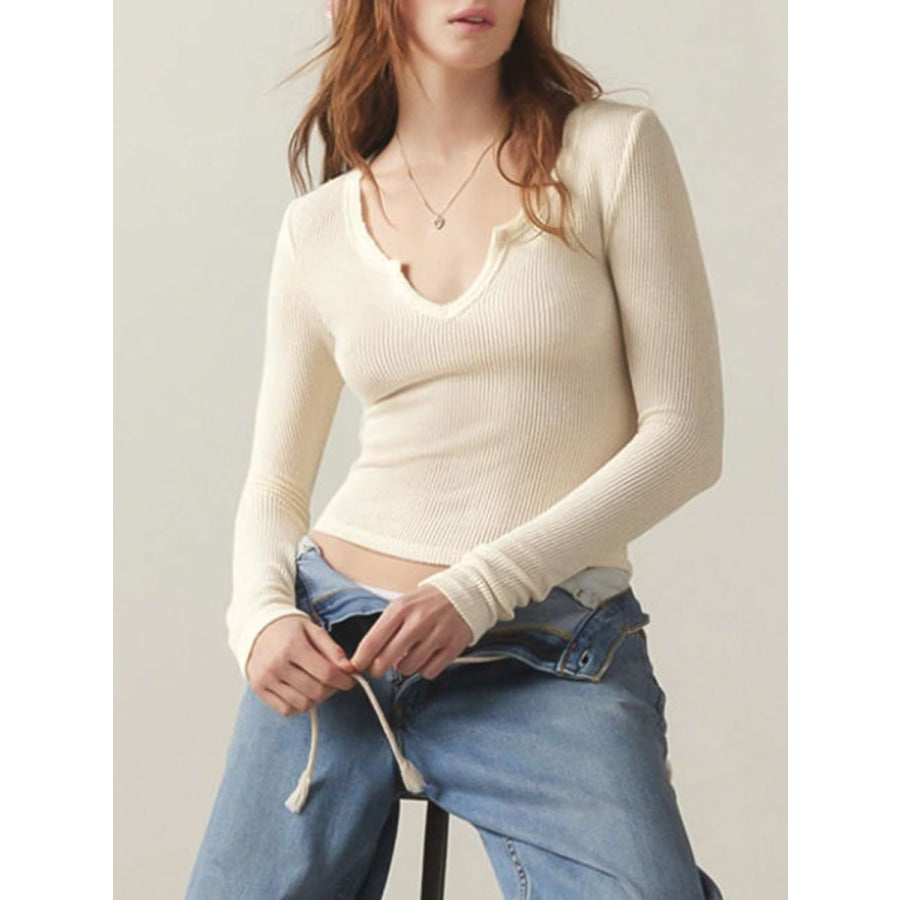 Notched Long Sleeve T-Shirt Cream / S Apparel and Accessories