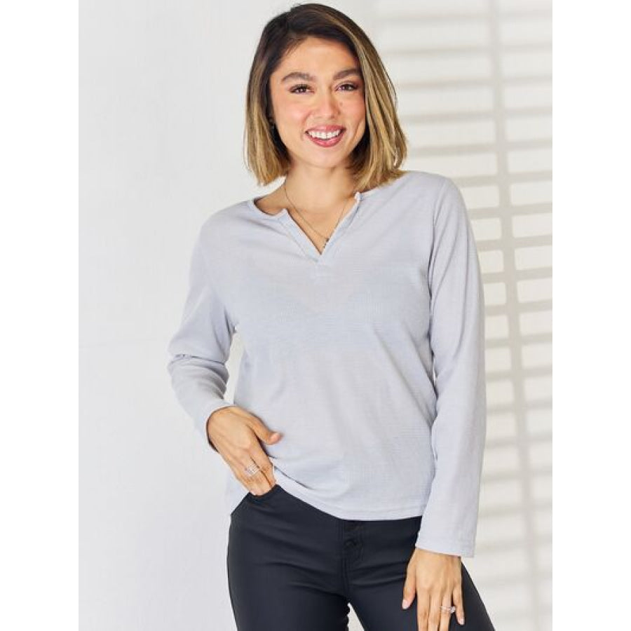 Notched Long Sleeve T - Shirt Heather Gray / S Apparel and Accessories