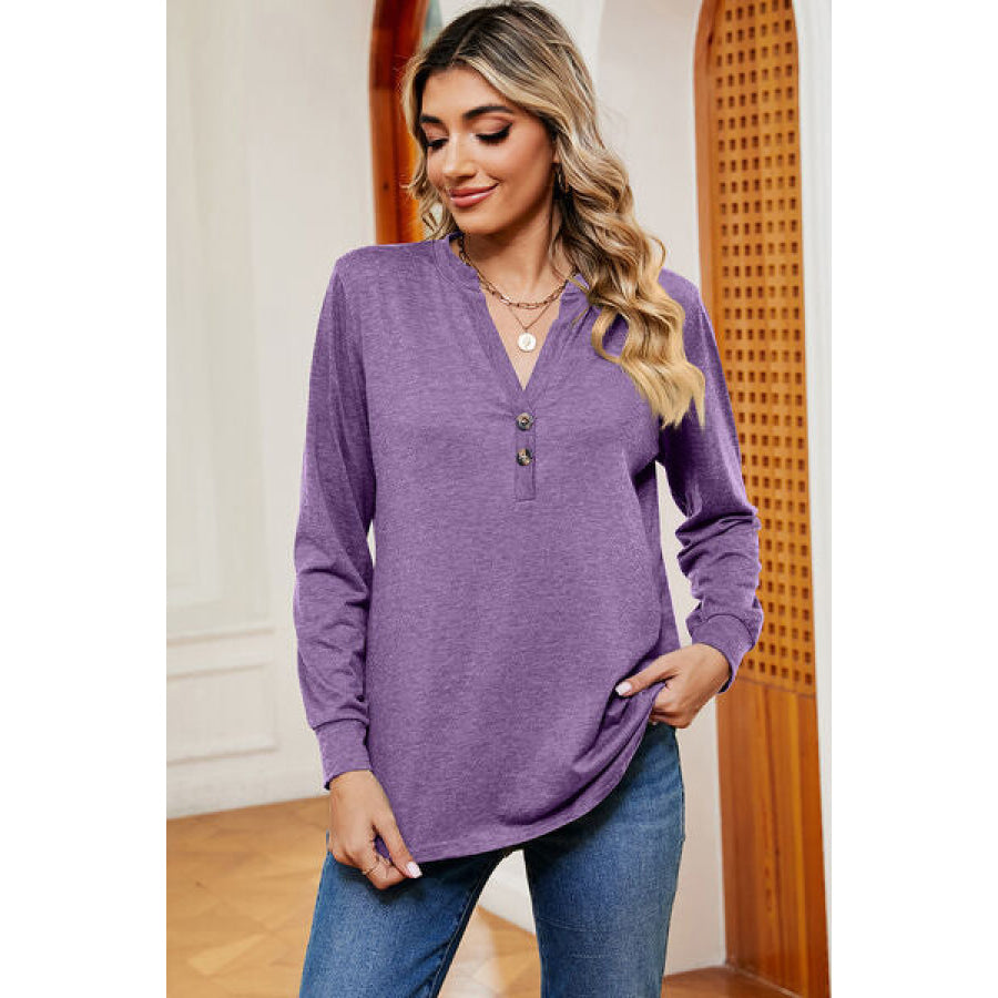Notched Long Sleeve T - Shirt Lavender / S Apparel and Accessories