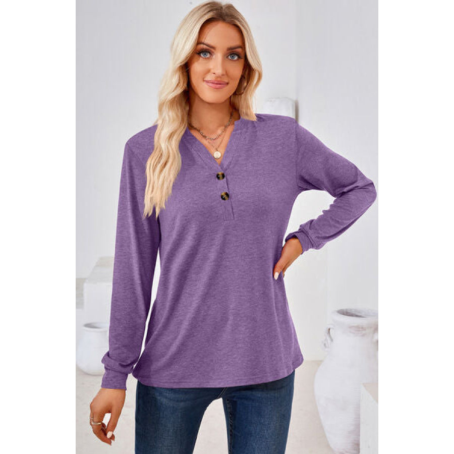Notched Long Sleeve T - Shirt Lavender / S Apparel and Accessories