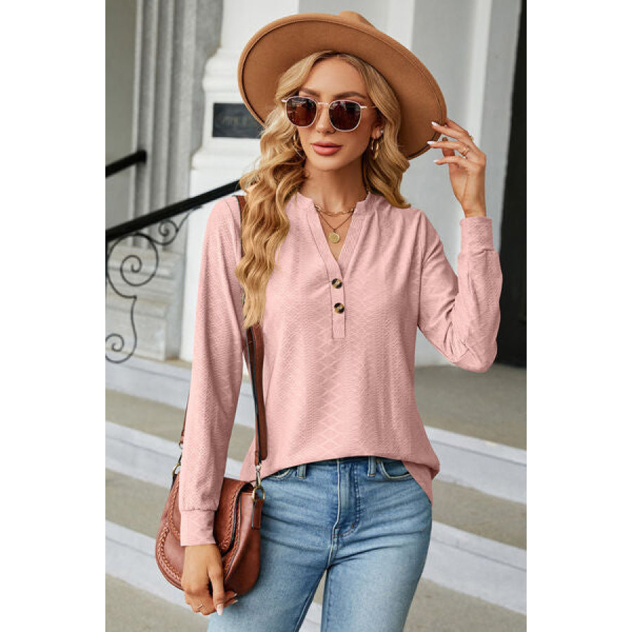 Notched Long Sleeve T - Shirt Pale Blush / S Apparel and Accessories