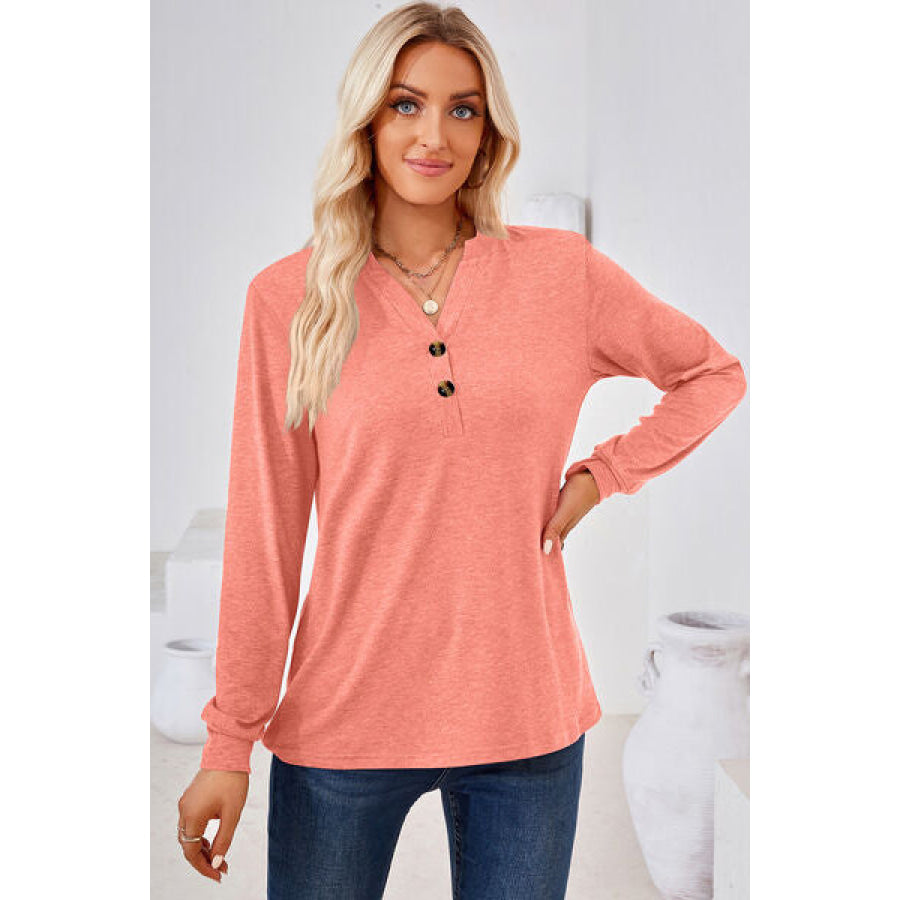 Notched Long Sleeve T - Shirt Peach / S Apparel and Accessories