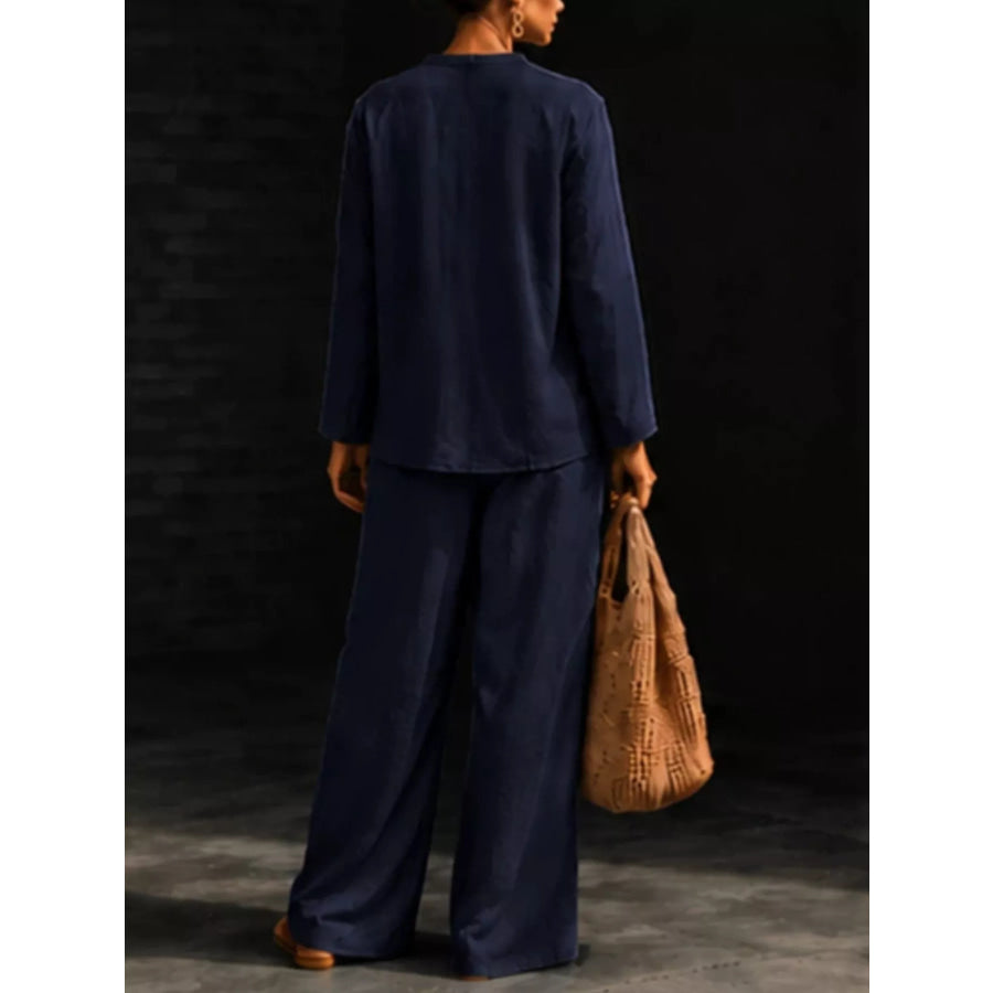 Notched Long Sleeve Top and Pants Set Apparel and Accessories
