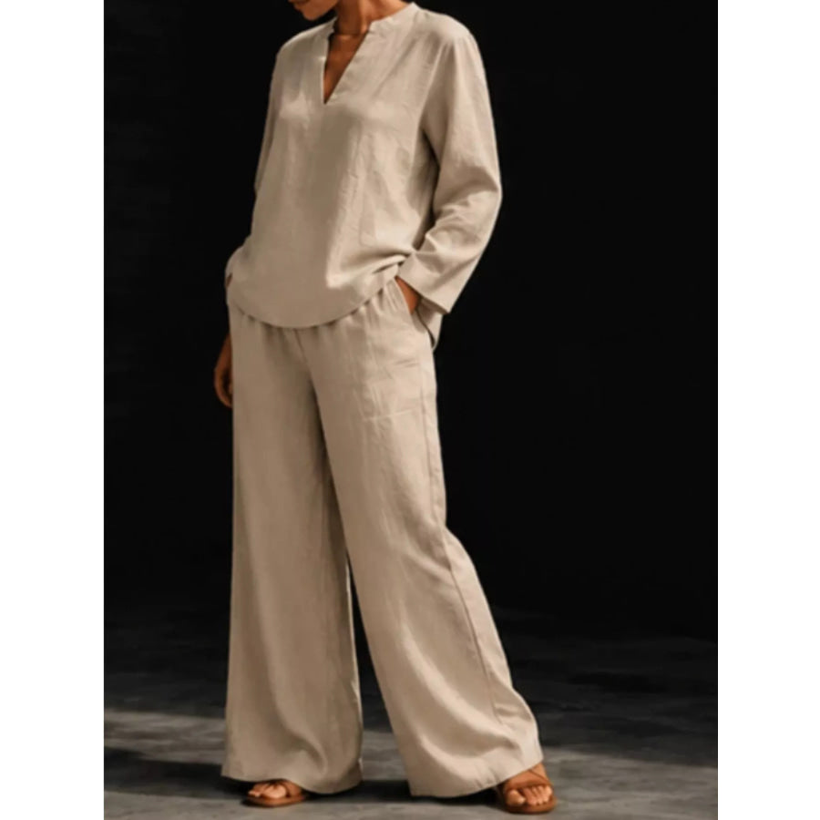 Notched Long Sleeve Top and Pants Set Apparel and Accessories